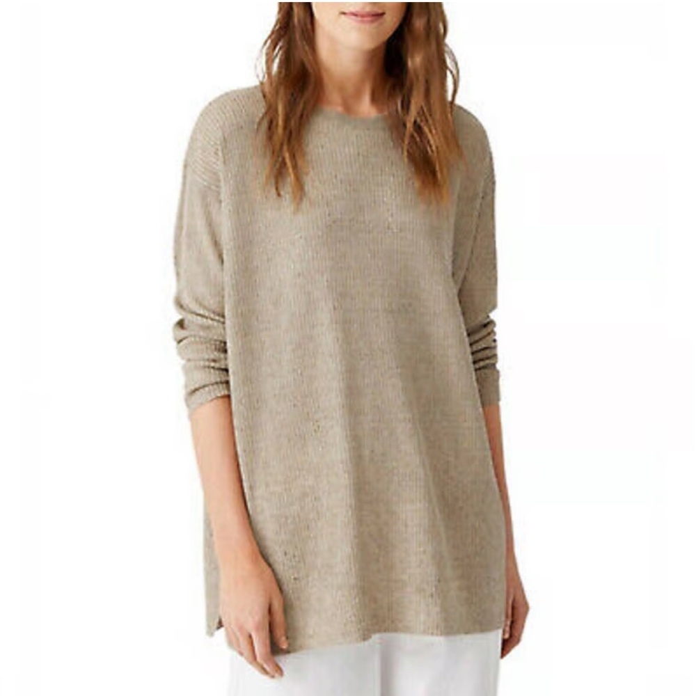 A19‎ Eileen Fisher Khaki Organic Linen Round Neck Crewneck Tunic Size S